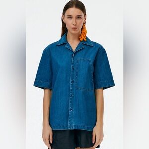 Tibi Denim Camp Shirt- Short-Sleeve Jean Button Up Shirt